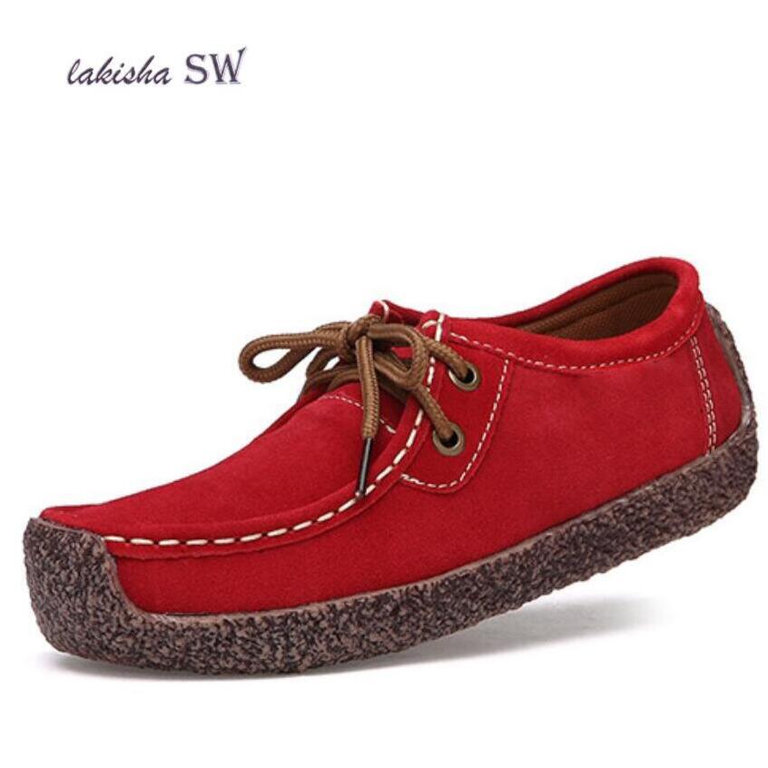 Spring Women Genuine Leather Shoes Woman Hand-Sewn Suede Leather Flats Cowhide Flexible Boat Shoes Women Loafer Plus Size