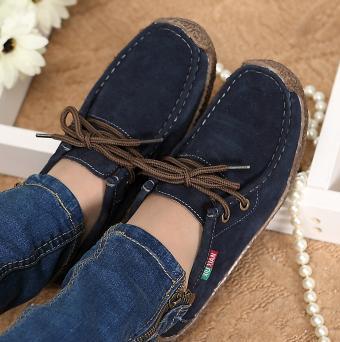 Spring Women Genuine Leather Shoes Woman Hand-Sewn Suede Leather Flats Cowhide Flexible Boat Shoes Women Loafer Plus Size