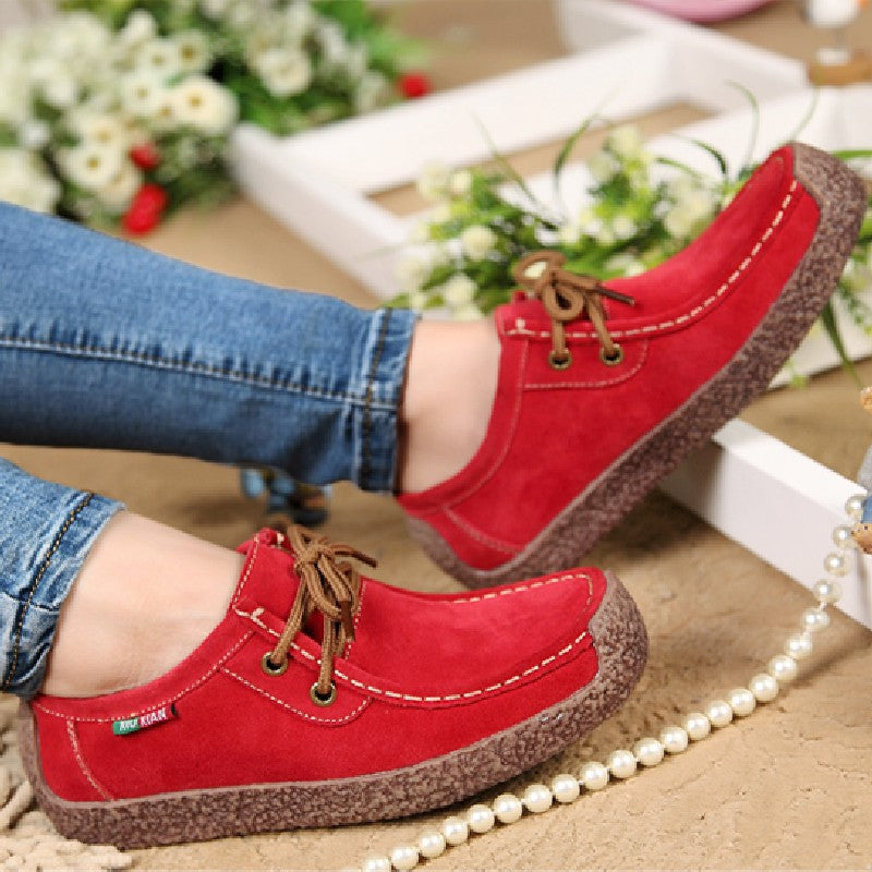 Spring Women Genuine Leather Shoes Woman Hand-Sewn Suede Leather Flats Cowhide Flexible Boat Shoes Women Loafer Plus Size