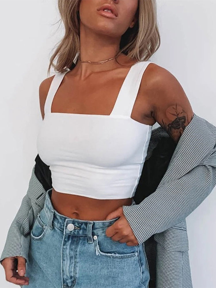 Square Neck Sleeveless Summer Crop Top White Women Black Casual Basic T Shirt Off Shoulder Cami Sexy Backless Tank Top