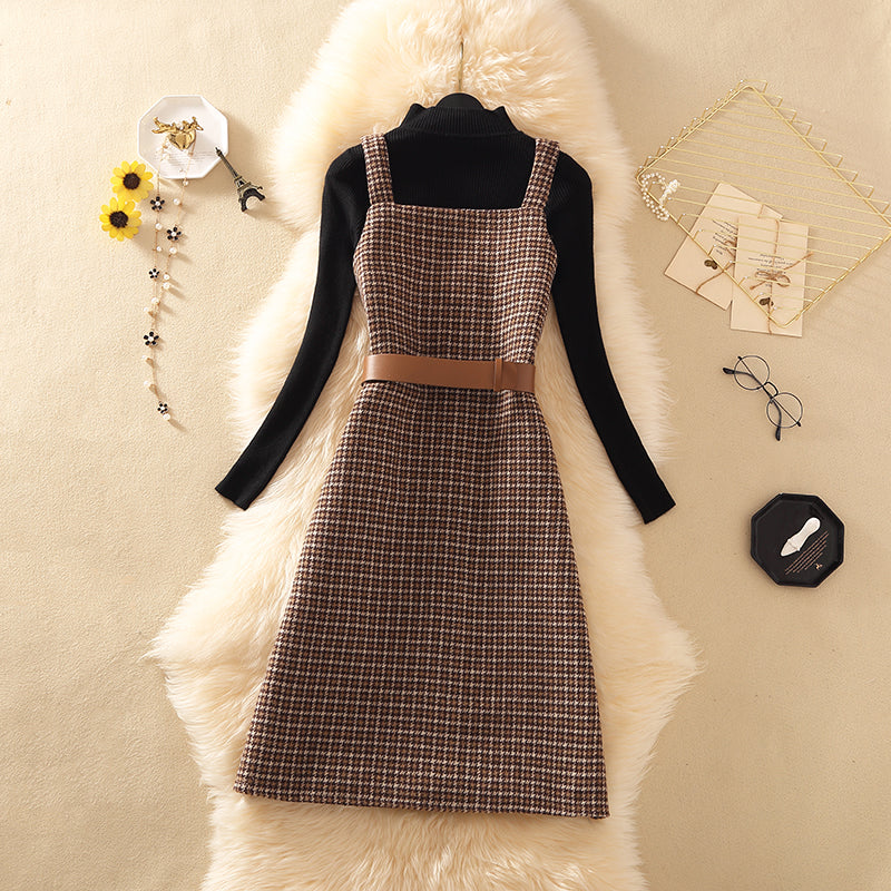 Streetwear Two Piece Dress Women Autumn Winter Sweater Wool Knee-Length Spaghetti Strap With Belt Elegant Party Vestidos