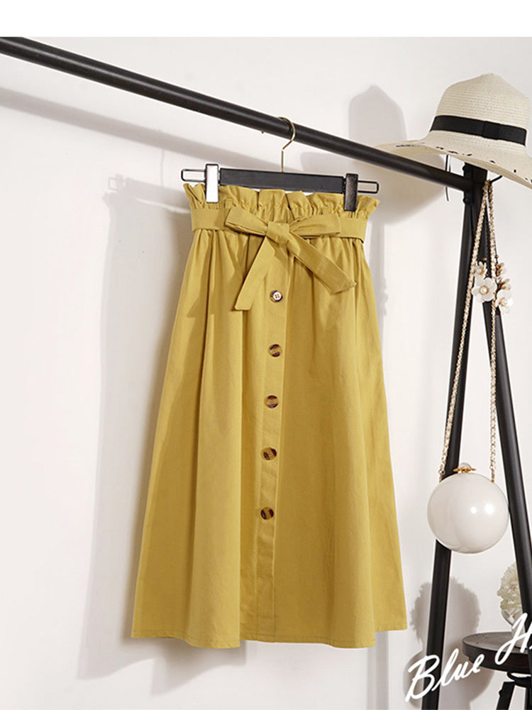 Summer Autumn Skirts Womens 2023 Midi Knee Length Korean Elegant Button High Waist Skirt Female Pleated School Skirt