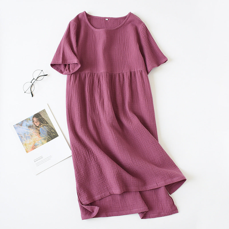 Summer Sleepshirts Comfortable Solid Color Cotton Gauze Long Skirt Home Nightgowns  Women'S Round Neck Nightdress Thin Section