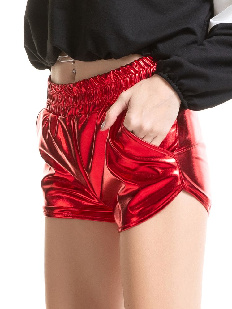 Summer Women Metallic Shorts Elastic Waist Shiny Hotpants Rave Dance Booty Shorts With Pockets Sexy Party Club Shorts Bottoms