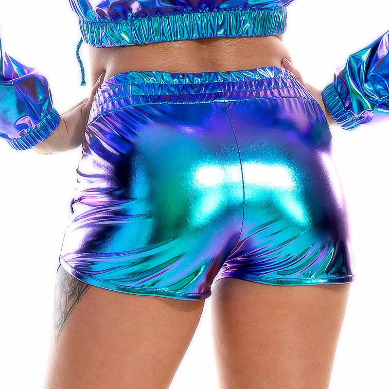 Summer Women Metallic Shorts Elastic Waist Shiny Hotpants Rave Dance Booty Shorts With Pockets Sexy Party Club Shorts Bottoms
