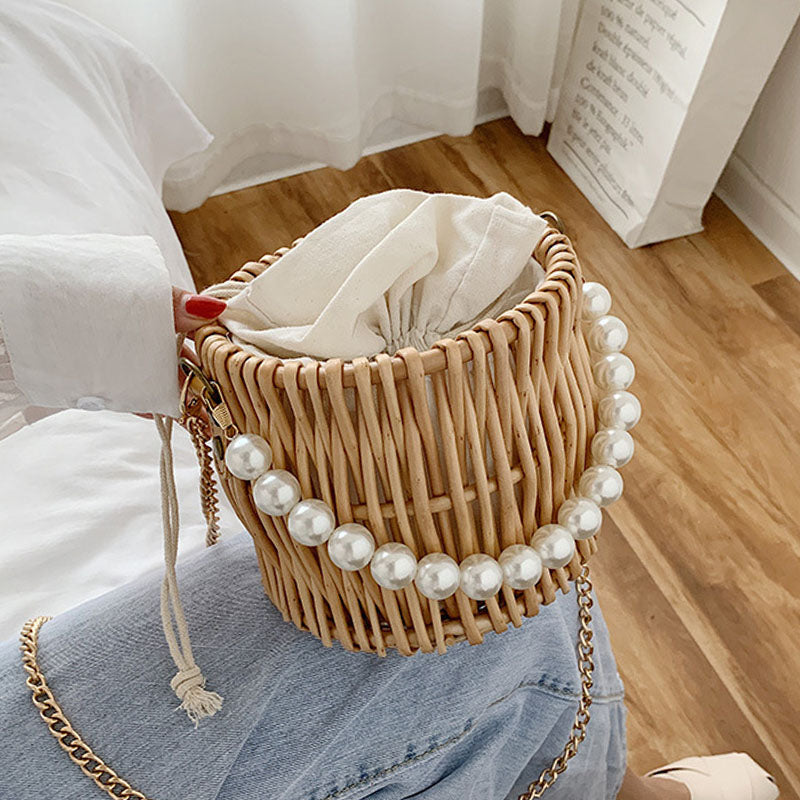 Summer Woven Straw Bags For Women Pearl Chain Round Handmade Rattan Beach Handbag Travel Bohemia Female Shoulder Crossbody Bag