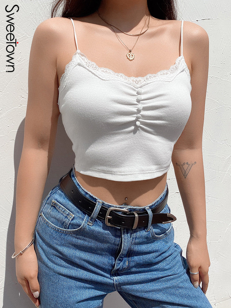 Sweetown Lace Trim Y2K Summer White Tank Top Women Shirring Button Up Cute Kawaii 2000S Clothes Basic Casual Crop Tops Camisole