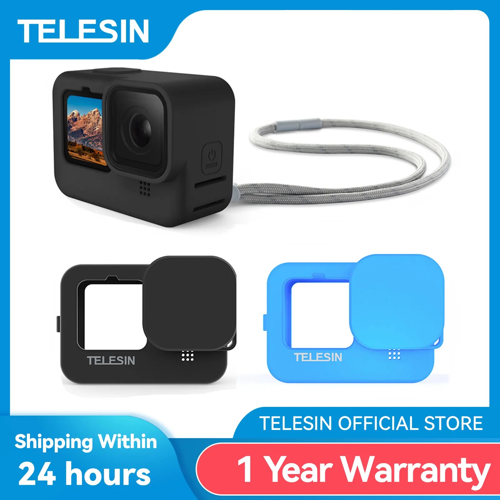Telesin Soft Silicone Case For Gopro 9 10 11 Lens Cap Blue Black Adjustable Hand Wrist Strap For Gopro Hero Black Accessories