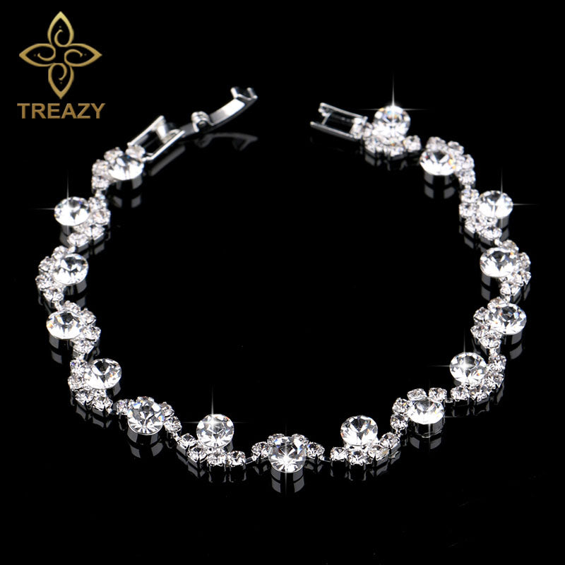 Treazy New Luxury Rhinestone Crystal Bracelets & Bangles For Women Silver Plated Bridal Bracelets Wedding Jewelry Accessories