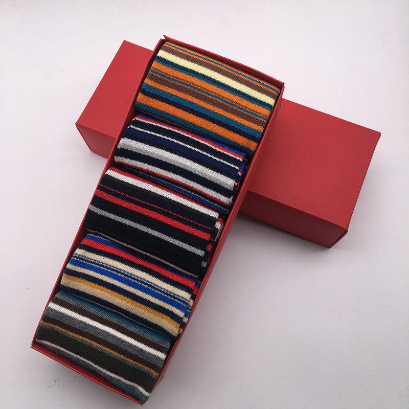 The Latest Casual Men'S Socks Color Stripes Five Pairs Of Socks Cotton Gift Box Us (7-14) , Eur(39-48