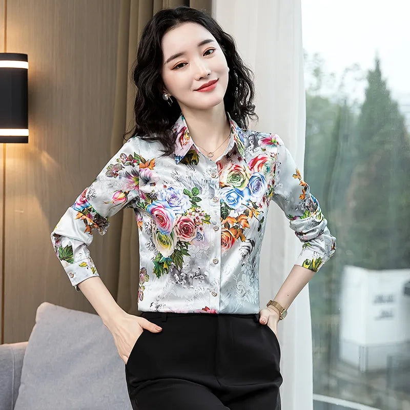 Tingyili Floral Print Satin Silk Blouse Korean Style Elegant Office Ladies Button Up Shirt Spring Fall Pink Green Women'S Tops