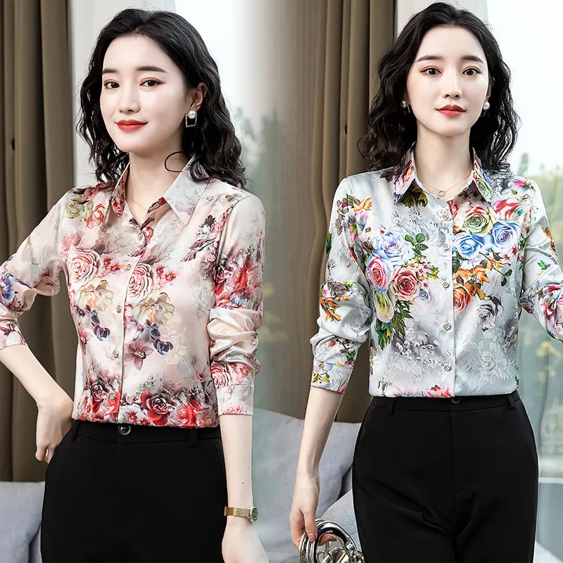 Tingyili Floral Print Satin Silk Blouse Korean Style Elegant Office Ladies Button Up Shirt Spring Fall Pink Green Women'S Tops