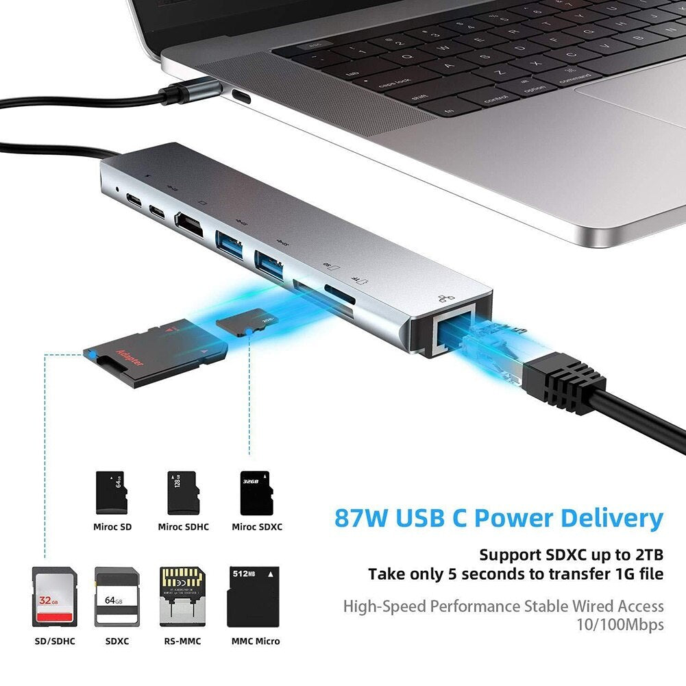 Usb Docking Station 8 In 1 Type-C To 4K Rj45 Docking Station Usb 3.0 Tf Pd Charger Hub Adapter Fast Charger Dock Station