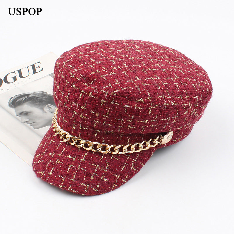 Uspop New Women Hats Tweed Plaid Newsboy Caps Chain Flat Top Visor Cap Vintage Plaid Military Cap Female Autumn Winter Hats