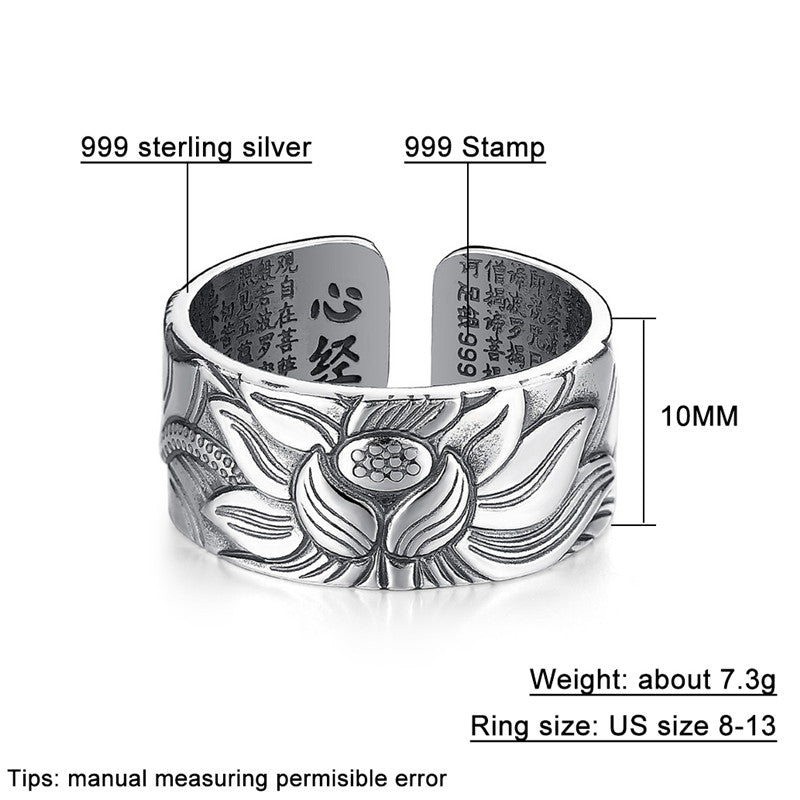 V.Ya 100% Real 999 Pure Silver Jewelry Lotus Flower Open Ring For Men Male Fashion Free Size Buddhistic Heart Sutra Rings Gifts