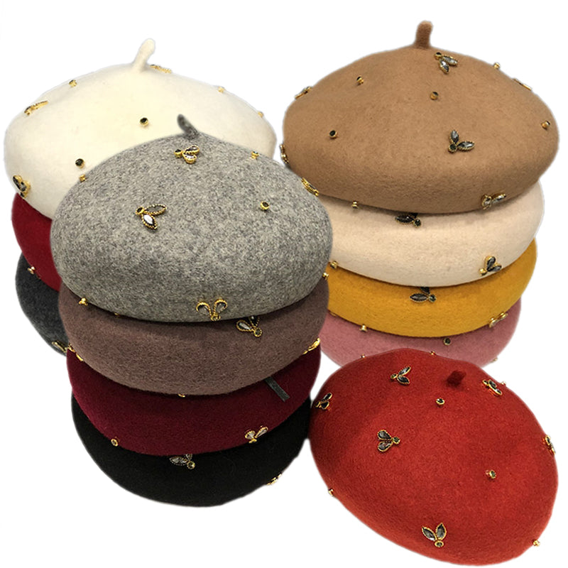 Visrover Winter Wool Beret With Crystal Bee Female Wool Cap Winter Autumn Spring Hat Solid Color Top Quality Women Boina