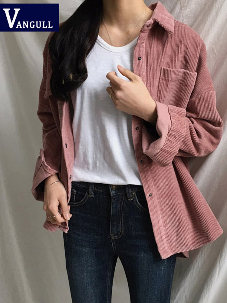 Vangull Vintage Pink Corduroy Jackets Women Long Sleeve Loose Tops Female Single Breasted Turn-Down Collar Ladies Outwear Coat