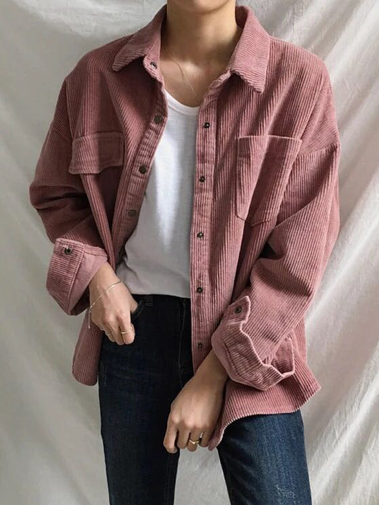 Vangull Vintage Pink Corduroy Jackets Women Long Sleeve Loose Tops Female Single Breasted Turn-Down Collar Ladies Outwear Coat