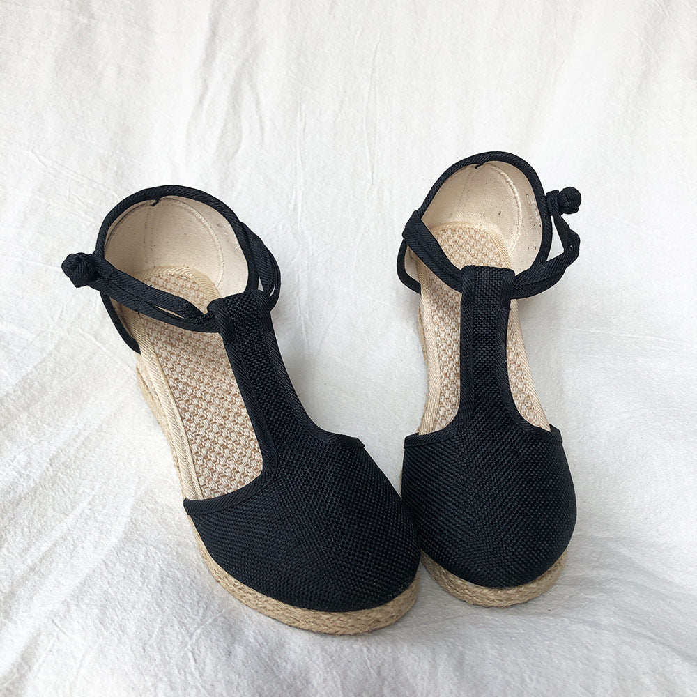 Veowalk Bohemian Women Handmade Linen Cotton Wedge Espadrilles Sandals T-Strap Summer Comfortable High Heel Platforms Shoes