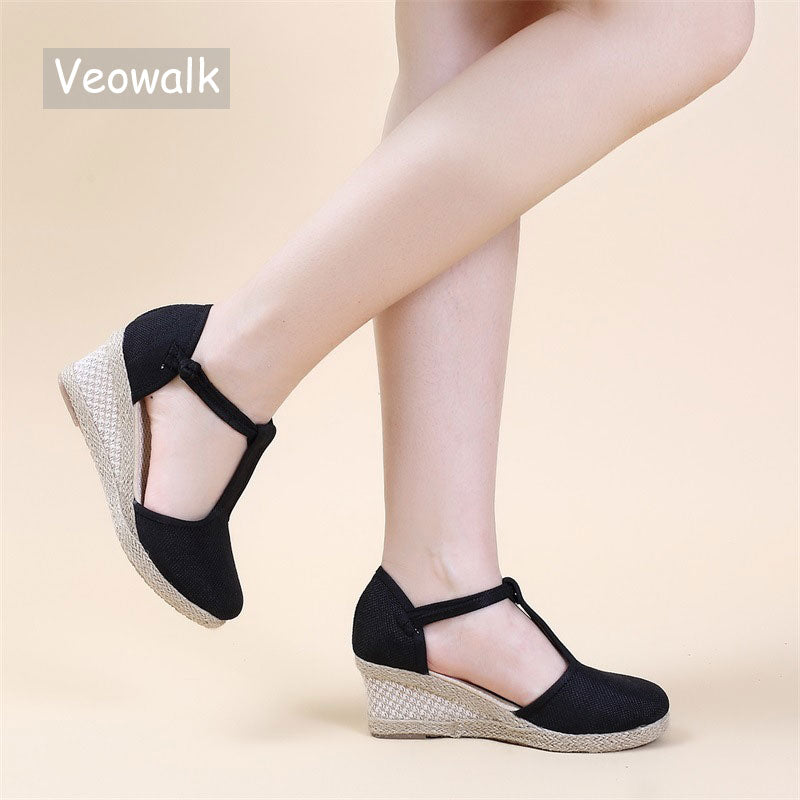 Veowalk Bohemian Women Handmade Linen Cotton Wedge Espadrilles Sandals T-Strap Summer Comfortable High Heel Platforms Shoes