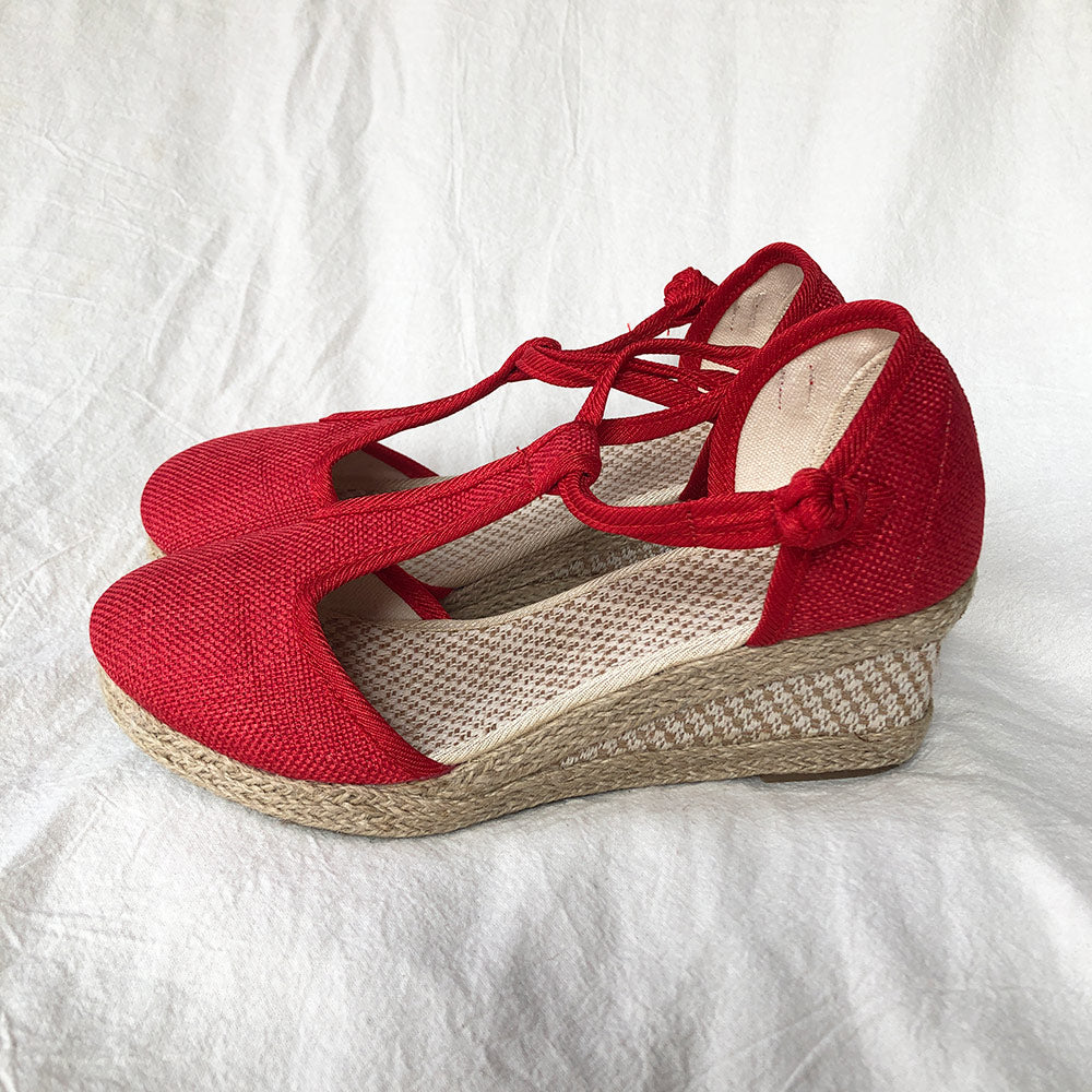 Veowalk Bohemian Women Handmade Linen Cotton Wedge Espadrilles Sandals T-Strap Summer Comfortable High Heel Platforms Shoes