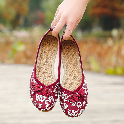 Veowalk Chinese Knot Women Floral Fabric Ballet Flats Spring Summer Vintage Ladies Comfort Slip On Canvas Ballerinas Shoes