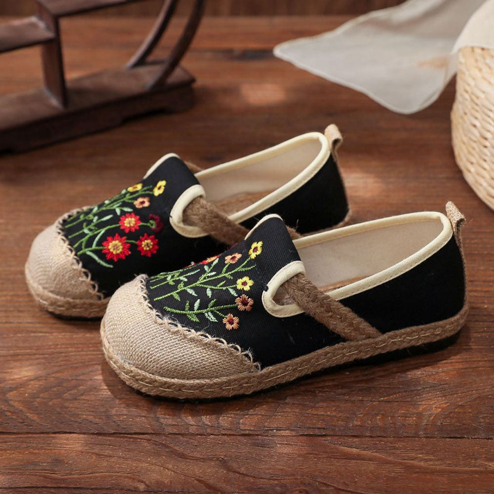 Veowalk Flowers Embroidered Women Handmade Linen Canvas Slip-On Loafers Comfortable Low Top Sneakers Vegan Ladies Bohemian Shoes