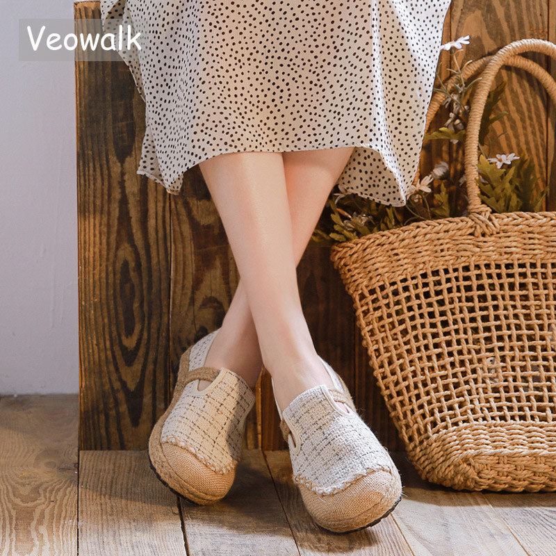 Veowalk Vegan Handmade Women Embroidered Canvas Espadrilles Flats Japanese Style Ladies Comfortable Casual Slip-On Loafers Shoes