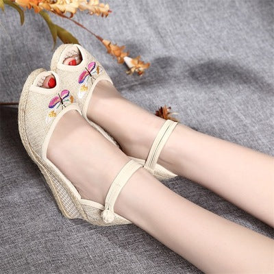 Veowalk Vintage Women Sandals Casual Linen Canvas Wedge Sandials Summer Ankle Strap 6Cm Med Heel Platform Pump Espadrilles Shoes