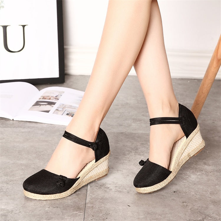 Veowalk Vintage Women Sandals Casual Linen Canvas Wedge Sandials Summer Ankle Strap 6Cm Med Heel Platform Pump Espadrilles Shoes
