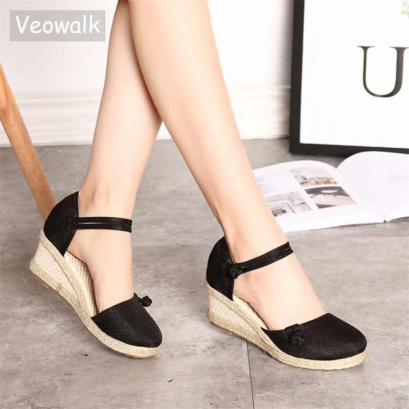 Veowalk Vintage Women Sandals Casual Linen Canvas Wedge Sandials Summer Ankle Strap 6Cm Med Heel Platform Pump Espadrilles Shoes