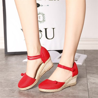 Veowalk Vintage Women Sandals Casual Linen Canvas Wedge Sandials Summer Ankle Strap 6Cm Med Heel Platform Pump Espadrilles Shoes