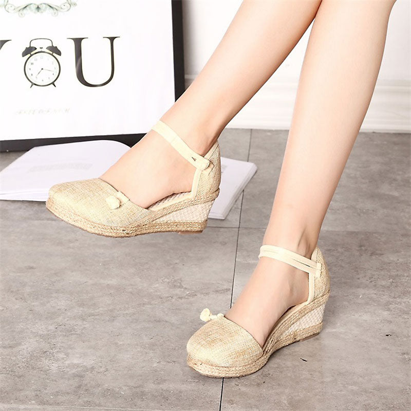 Veowalk Vintage Women Sandals Casual Linen Canvas Wedge Sandials Summer Ankle Strap 6Cm Med Heel Platform Pump Espadrilles Shoes
