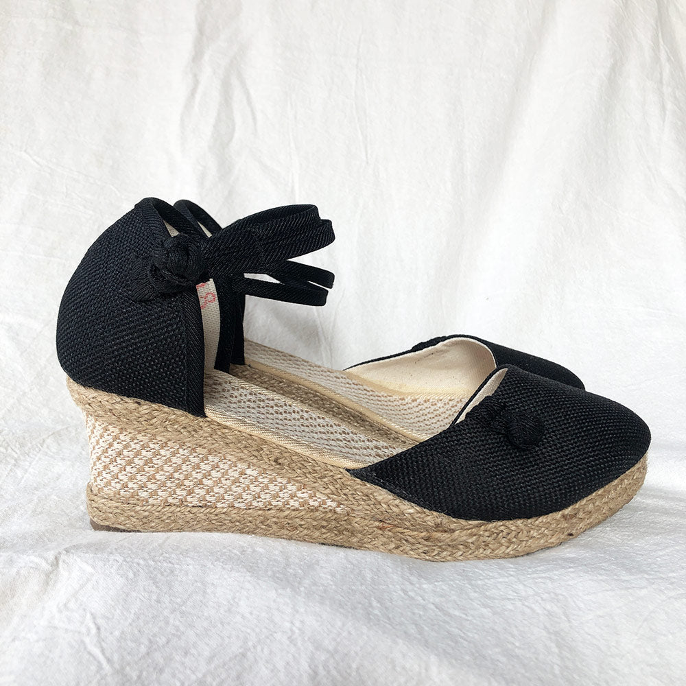 Veowalk Vintage Women Sandals Casual Linen Canvas Wedge Sandials Summer Ankle Strap 6Cm Med Heel Platform Pump Espadrilles Shoes