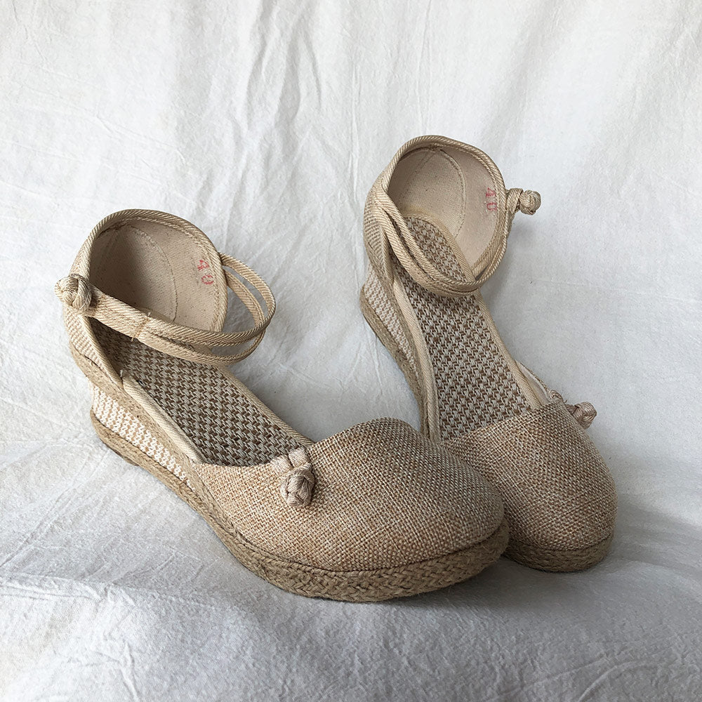 Veowalk Vintage Women Sandals Casual Linen Canvas Wedge Sandials Summer Ankle Strap 6Cm Med Heel Platform Pump Espadrilles Shoes