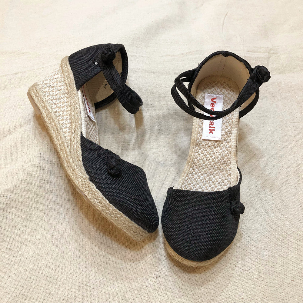 Veowalk Vintage Women Sandals Casual Linen Canvas Wedge Sandials Summer Ankle Strap 6Cm Med Heel Platform Pump Espadrilles Shoes