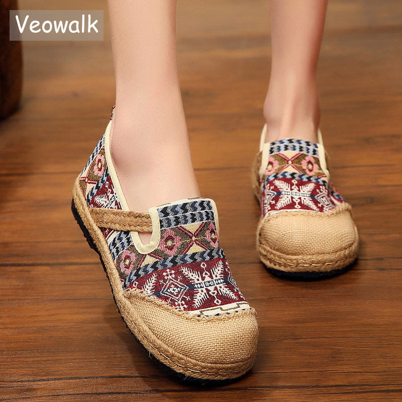 Veowalk Women Linen Loafers Espadrilles Ladies Bohemian Trending Shoes Handmade Embroidered Woman Comfortable Platform Sneakers