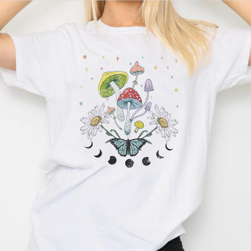 Vintage Fashion Mushroom Print Oversized T Shirt Egirl Grunge Aesthetic Streetwear Graphic Tees Women T-Shirts Cute Tops Clothes