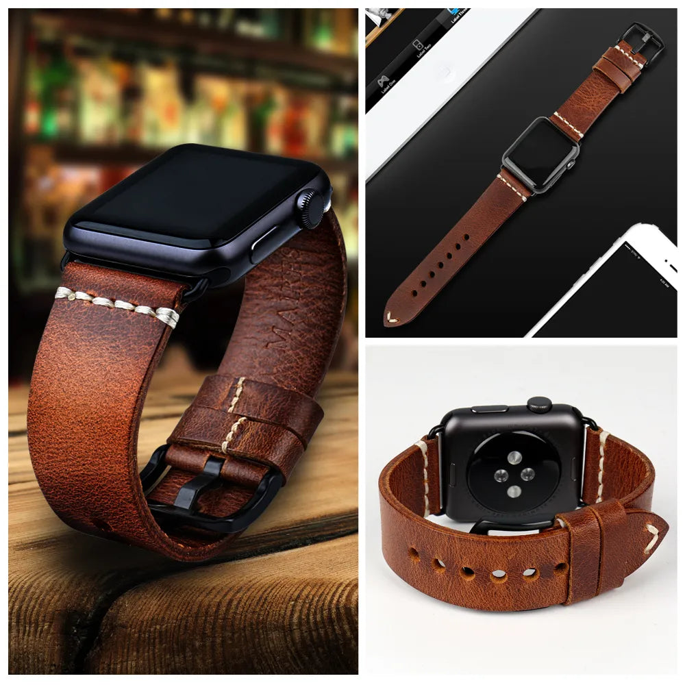 Vintage Oil Wax Leather Watch Strap For Apple Watch Band 49Mm 44Mm 45Mm 40Mm 41Mm 42Mm 38Mm Series 8/7/Se/6/5/4 Iwatch Bracelet