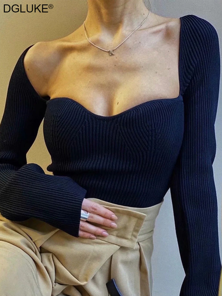 Vintage Sqaure Neck Long Sleeve Knit Top Korean Fashion White Black Sweater Women Off Shoulder Knitted Winter Blouse 2022