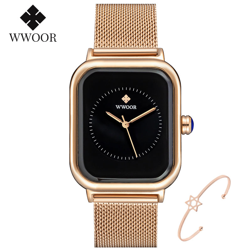 Wwoor 2022 New Design Women Watches Top Brand Luxury Rose Gold Rectangle Watch Ladies Black Exquisite Quartz Wristwatch For Gift