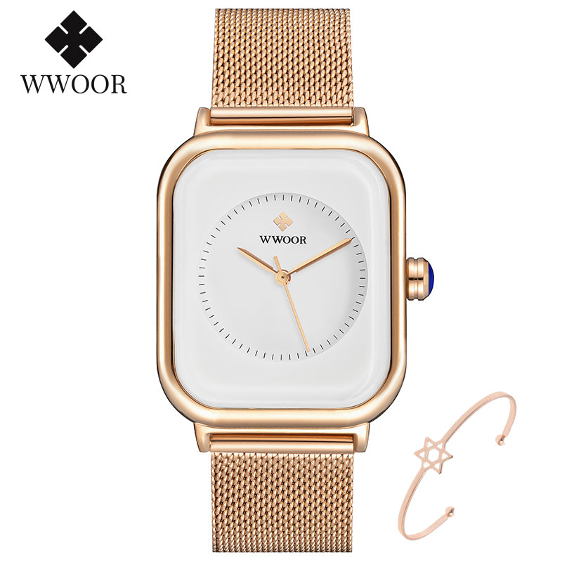 Wwoor 2022 New Design Women Watches Top Brand Luxury Rose Gold Rectangle Watch Ladies Black Exquisite Quartz Wristwatch For Gift