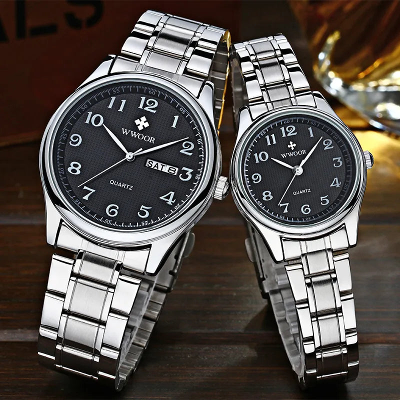 Wwoor Fashion Lovers Watches For Men Women Waterproof Arabic Clock Silver Stainless Steel Couple Casual Ladies Quartz Wristwatch