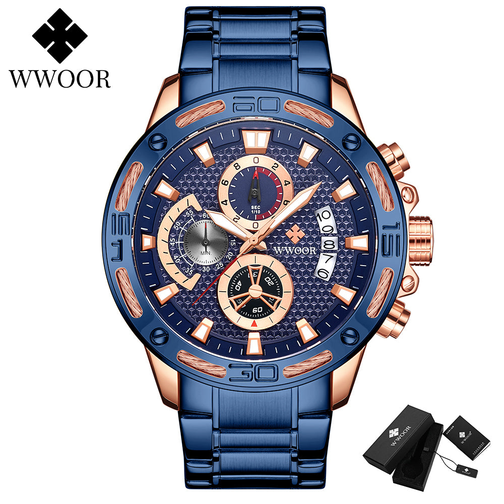 Wwoor Gold Luxury Watch Men Quartz Steel Waterproof Sport Watches Wristwatch Military Chronograph Date Clock Relogio Masculino