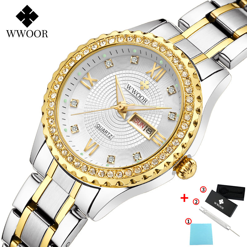 Wwoor Luxury Brand Diamond Watch For Women Fashion Dress Gold Watch Women Elegant Quartz Date Ladies Bracelet Watch Reloj Mujer