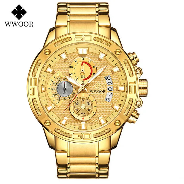 Wwoor Mens Watches Top Brand Fashion Luxury Gold Stainless Steel Quartz Watch Men Waterproof Sport Chronograph Relogio Masculino