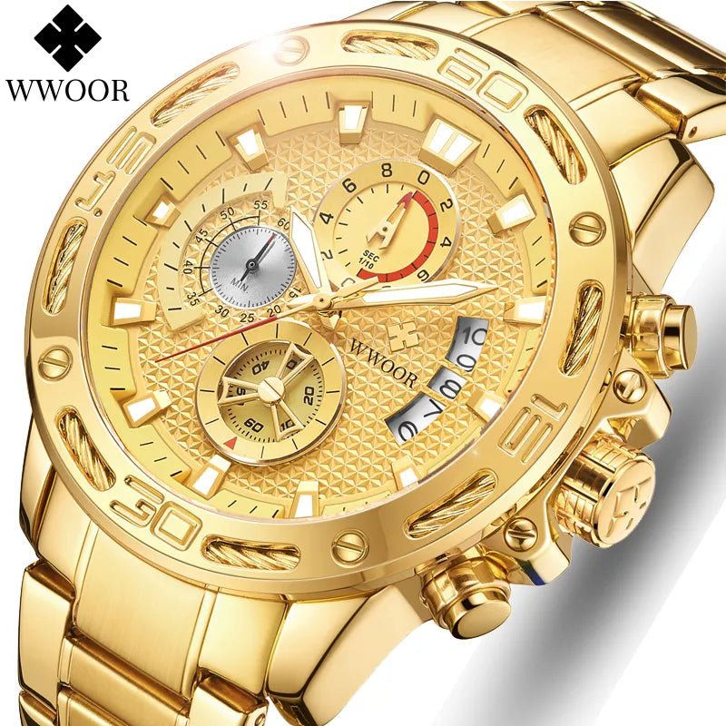Wwoor Mens Watches Top Brand Fashion Luxury Gold Stainless Steel Quartz Watch Men Waterproof Sport Chronograph Relogio Masculino