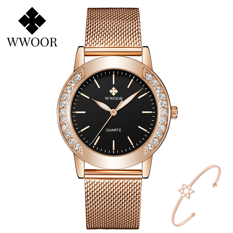 Wwoor Women Watches 2022 New Stylish Rhinestone Watch For Women Top Luxury Rose Gold Ladies Quartz Wristwatch Relogio Feminino
