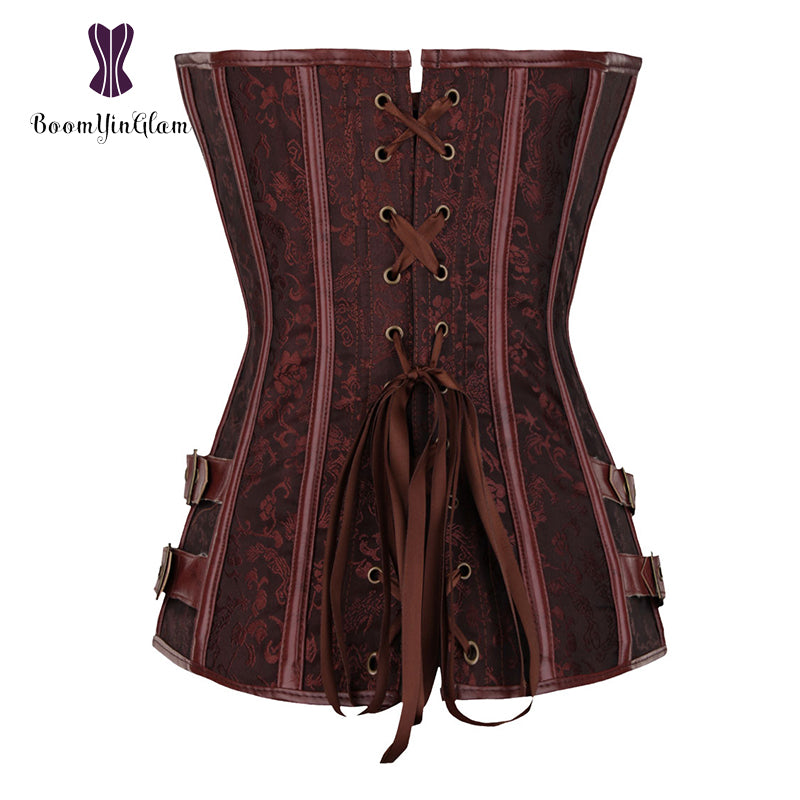 Waist Trainer Brocade Steampunk Jacquard Faux Leather Studded Overbust Brown Corset Bustier With Chains S-6Xl 916#