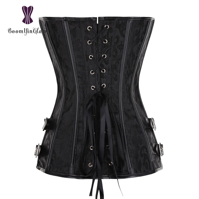 Waist Trainer Brocade Steampunk Jacquard Faux Leather Studded Overbust Brown Corset Bustier With Chains S-6Xl 916#
